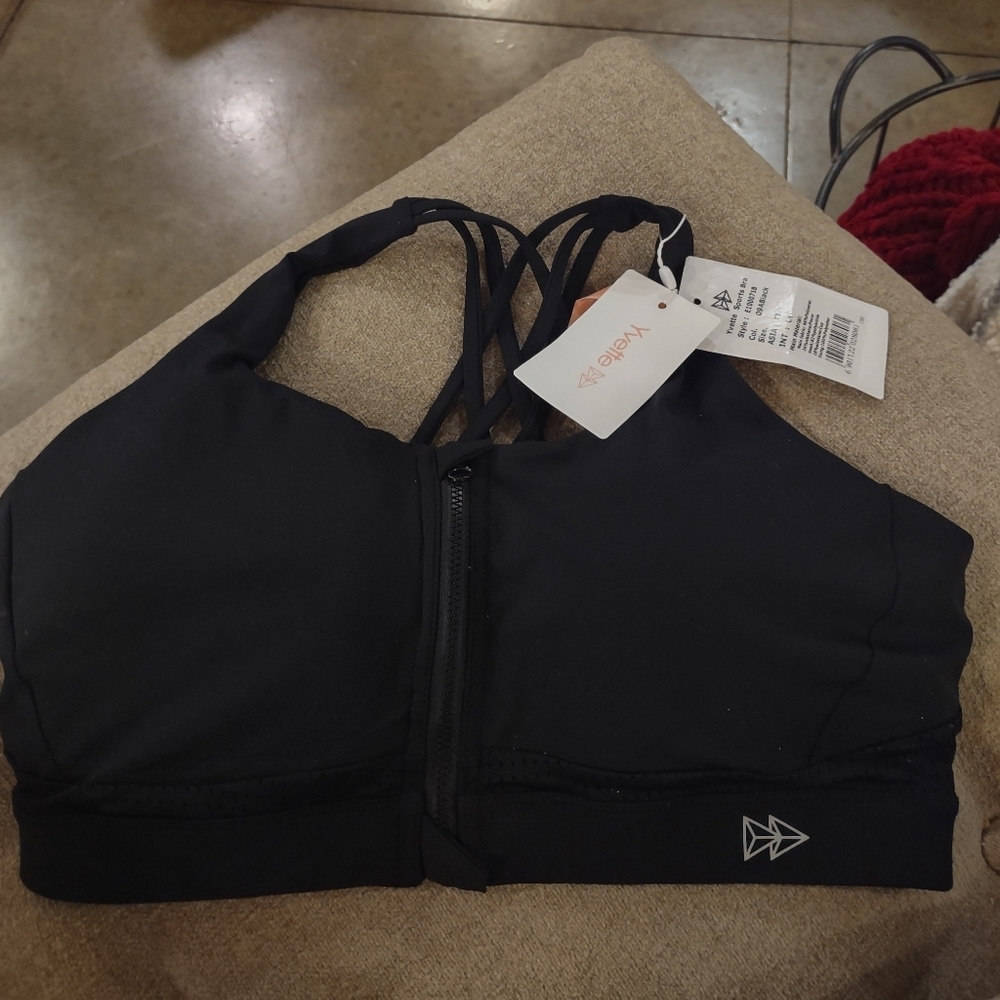 NWT Yvette Black Sports Bra Zip Front XL